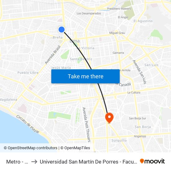 Metro - Alfonso Ugarte to Universidad San Martín De Porres - Facultad De Ciencias De La Comunicación, Turismo Y Psicología map