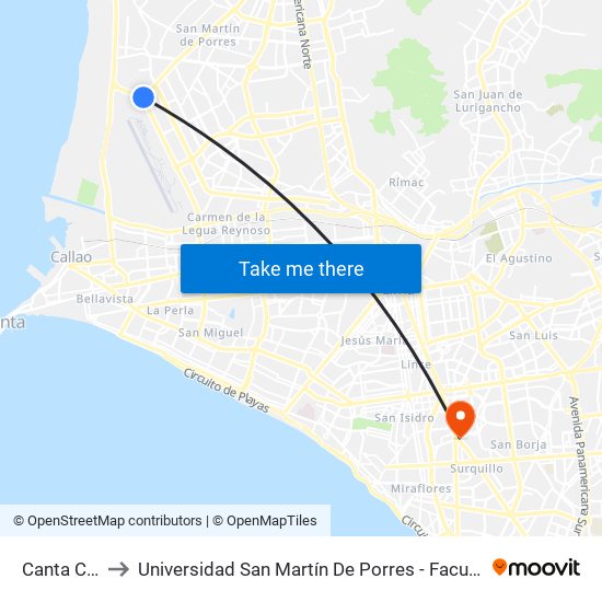 Canta Callao / Faucett to Universidad San Martín De Porres - Facultad De Ciencias De La Comunicación, Turismo Y Psicología map