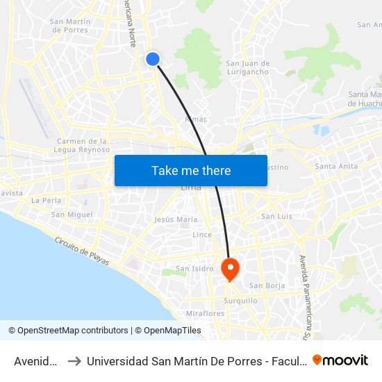 Avenida Tupac Amaru to Universidad San Martín De Porres - Facultad De Ciencias De La Comunicación, Turismo Y Psicología map