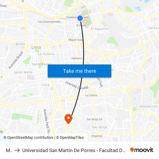 Metro to Universidad San Martín De Porres - Facultad De Ciencias De La Comunicación, Turismo Y Psicología map