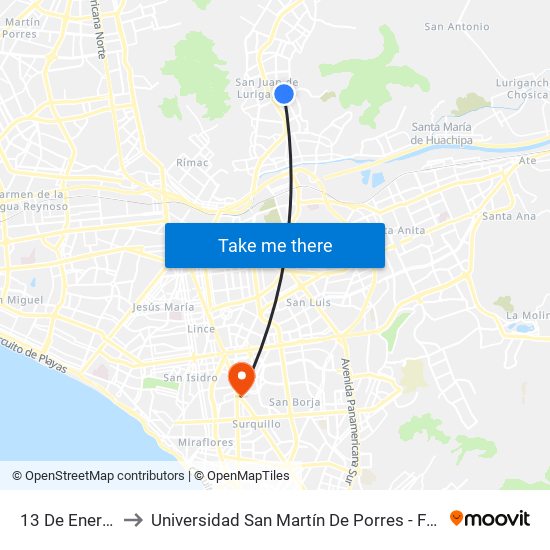 13 De Enero X Los Jardines Este to Universidad San Martín De Porres - Facultad De Ciencias De La Comunicación, Turismo Y Psicología map