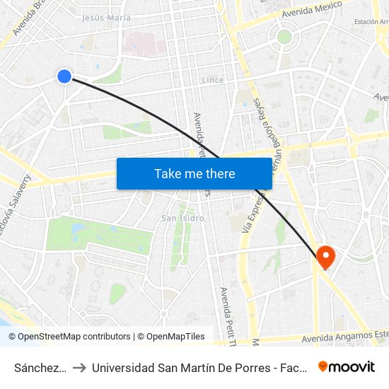 Sánchez Cerro (Canal 2) to Universidad San Martín De Porres - Facultad De Ciencias De La Comunicación, Turismo Y Psicología map