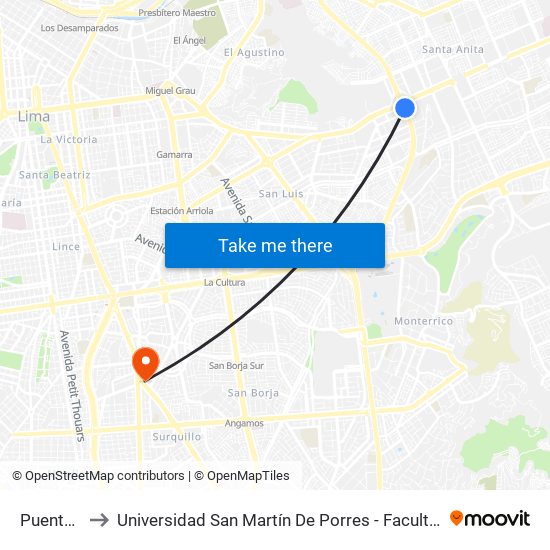 Puente Santa Anita to Universidad San Martín De Porres - Facultad De Ciencias De La Comunicación, Turismo Y Psicología map