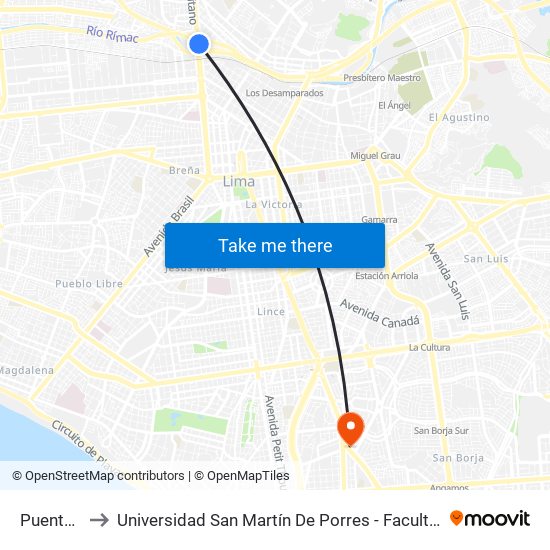 Puente Del Ejercito to Universidad San Martín De Porres - Facultad De Ciencias De La Comunicación, Turismo Y Psicología map