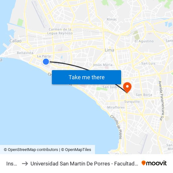 Insurgentes to Universidad San Martín De Porres - Facultad De Ciencias De La Comunicación, Turismo Y Psicología map