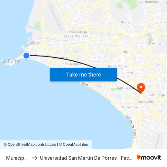 Municipalidad Del  Callao to Universidad San Martín De Porres - Facultad De Ciencias De La Comunicación, Turismo Y Psicología map