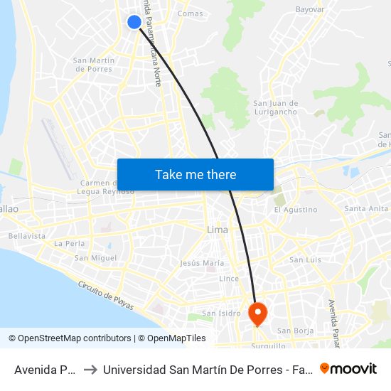 Avenida Proceres De Huandoy to Universidad San Martín De Porres - Facultad De Ciencias De La Comunicación, Turismo Y Psicología map