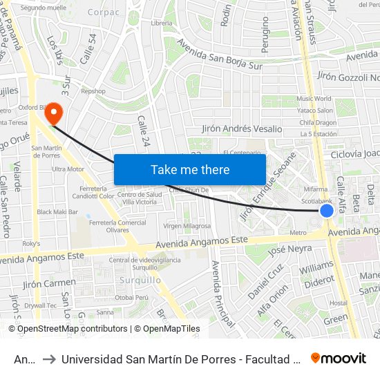 Angamos to Universidad San Martín De Porres - Facultad De Ciencias De La Comunicación, Turismo Y Psicología map