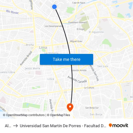 Alcázar to Universidad San Martín De Porres - Facultad De Ciencias De La Comunicación, Turismo Y Psicología map