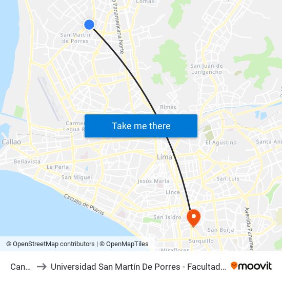 Canta Callao to Universidad San Martín De Porres - Facultad De Ciencias De La Comunicación, Turismo Y Psicología map