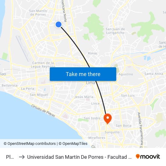 Plaza Vea to Universidad San Martín De Porres - Facultad De Ciencias De La Comunicación, Turismo Y Psicología map