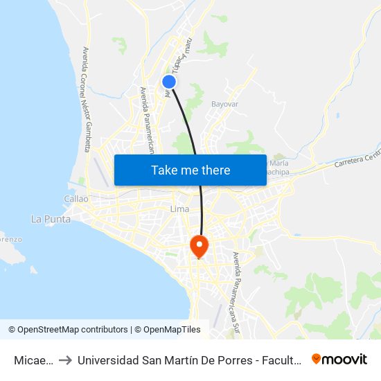 Micaela Bastidas to Universidad San Martín De Porres - Facultad De Ciencias De La Comunicación, Turismo Y Psicología map