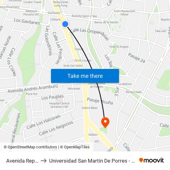 Avenida República De Panamá, 3411 to Universidad San Martín De Porres - Facultad De Ciencias De La Comunicación, Turismo Y Psicología map