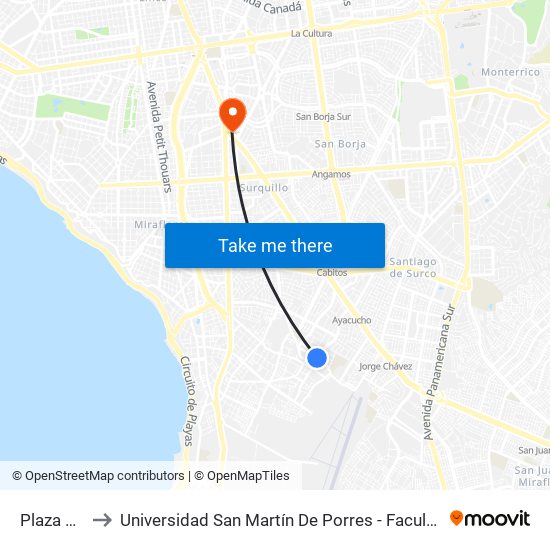 Plaza Vea Ayacucho to Universidad San Martín De Porres - Facultad De Ciencias De La Comunicación, Turismo Y Psicología map