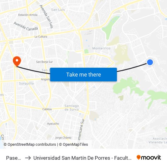 Paseo De Aguas to Universidad San Martín De Porres - Facultad De Ciencias De La Comunicación, Turismo Y Psicología map