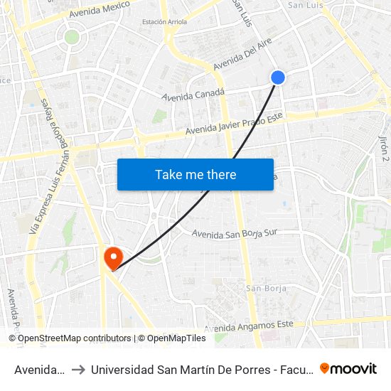 Avenida San Luis, 1126 to Universidad San Martín De Porres - Facultad De Ciencias De La Comunicación, Turismo Y Psicología map