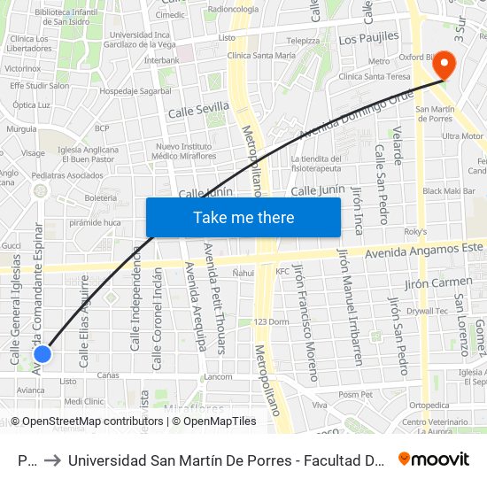 Pardo to Universidad San Martín De Porres - Facultad De Ciencias De La Comunicación, Turismo Y Psicología map