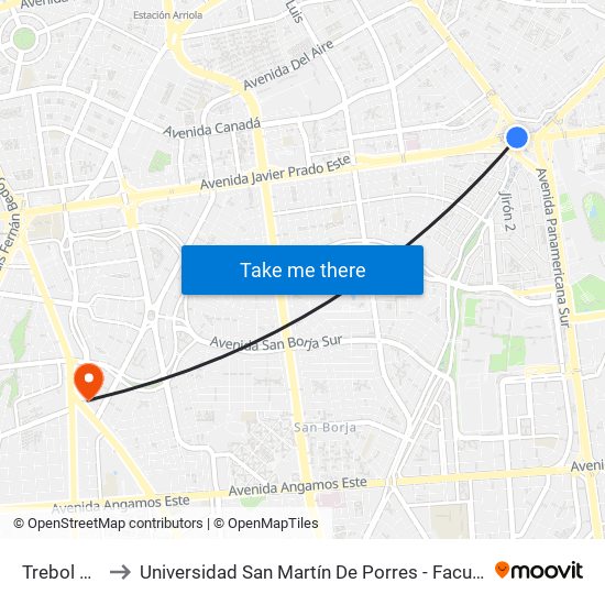 Trebol De Javier Prado to Universidad San Martín De Porres - Facultad De Ciencias De La Comunicación, Turismo Y Psicología map