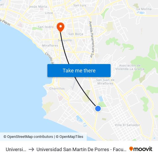 Universidad Autonoma to Universidad San Martín De Porres - Facultad De Ciencias De La Comunicación, Turismo Y Psicología map