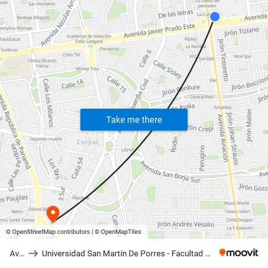 Aviación to Universidad San Martín De Porres - Facultad De Ciencias De La Comunicación, Turismo Y Psicología map