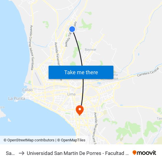 San Felipe to Universidad San Martín De Porres - Facultad De Ciencias De La Comunicación, Turismo Y Psicología map