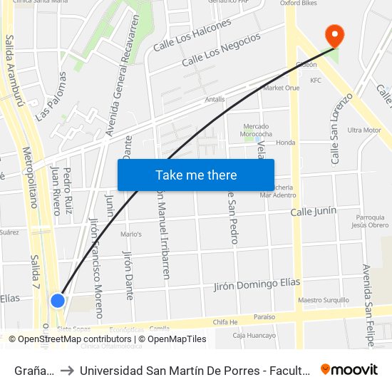 Graña Y Montero to Universidad San Martín De Porres - Facultad De Ciencias De La Comunicación, Turismo Y Psicología map