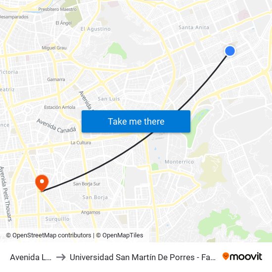 Avenida Los Ingenieros, 205 to Universidad San Martín De Porres - Facultad De Ciencias De La Comunicación, Turismo Y Psicología map