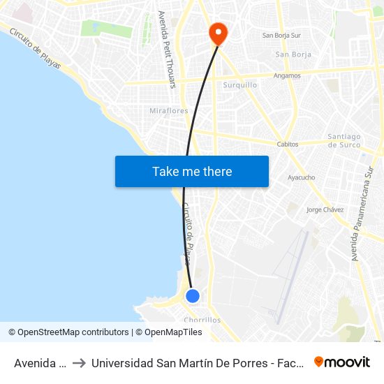 Avenida José Olaya, 165 to Universidad San Martín De Porres - Facultad De Ciencias De La Comunicación, Turismo Y Psicología map