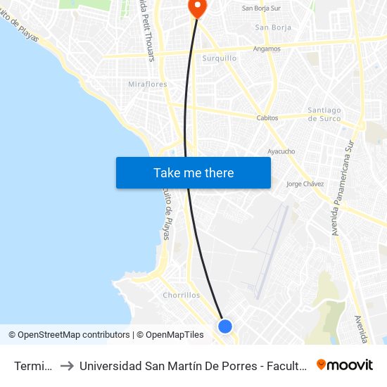 Terminal Matellini to Universidad San Martín De Porres - Facultad De Ciencias De La Comunicación, Turismo Y Psicología map