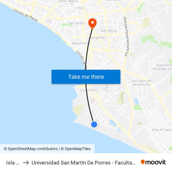 Isla Española to Universidad San Martín De Porres - Facultad De Ciencias De La Comunicación, Turismo Y Psicología map