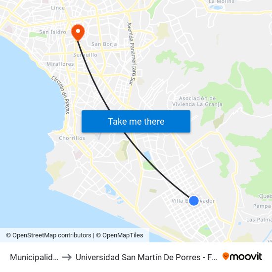 Municipalidad De Villa El Salvador to Universidad San Martín De Porres - Facultad De Ciencias De La Comunicación, Turismo Y Psicología map