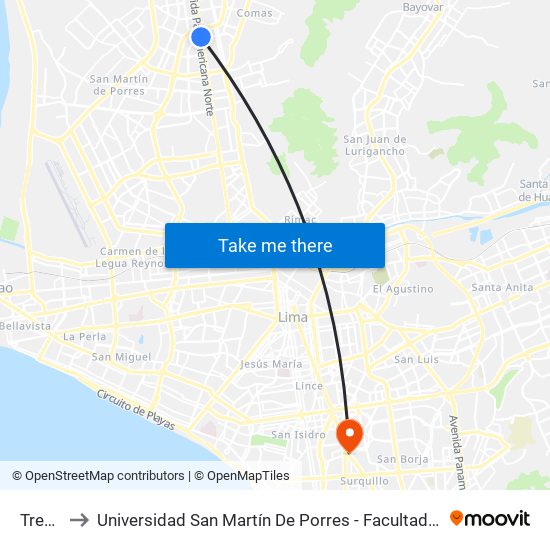 Tres Postes to Universidad San Martín De Porres - Facultad De Ciencias De La Comunicación, Turismo Y Psicología map