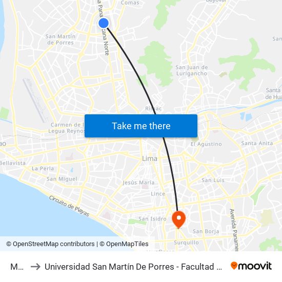 Marañón to Universidad San Martín De Porres - Facultad De Ciencias De La Comunicación, Turismo Y Psicología map
