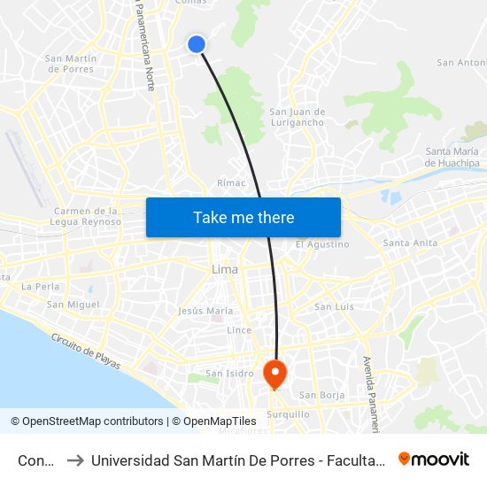 Condorcanqui to Universidad San Martín De Porres - Facultad De Ciencias De La Comunicación, Turismo Y Psicología map