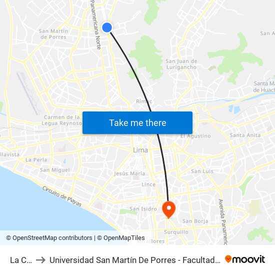 La Cincuenta to Universidad San Martín De Porres - Facultad De Ciencias De La Comunicación, Turismo Y Psicología map