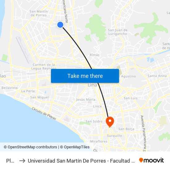 Plaza Vea to Universidad San Martín De Porres - Facultad De Ciencias De La Comunicación, Turismo Y Psicología map