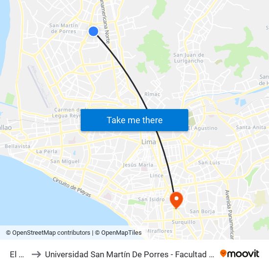 El Naranjal to Universidad San Martín De Porres - Facultad De Ciencias De La Comunicación, Turismo Y Psicología map