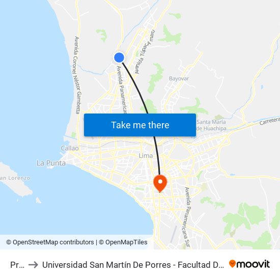 Prolima to Universidad San Martín De Porres - Facultad De Ciencias De La Comunicación, Turismo Y Psicología map