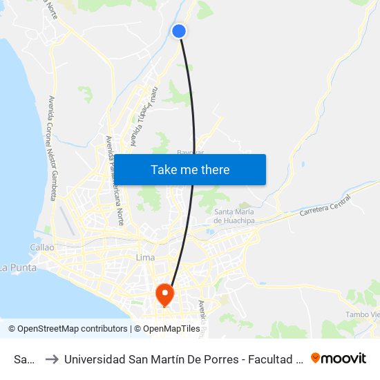 Santa Cruz to Universidad San Martín De Porres - Facultad De Ciencias De La Comunicación, Turismo Y Psicología map
