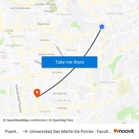 Puente Santa Anita to Universidad San Martín De Porres - Facultad De Ciencias De La Comunicación, Turismo Y Psicología map