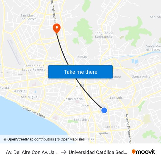 Av. Del Aire Con Av. Javier Prado to Universidad Católica Sede Sapientiae map