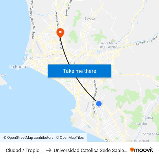 Ciudad / Tropicana to Universidad Católica Sede Sapientiae map