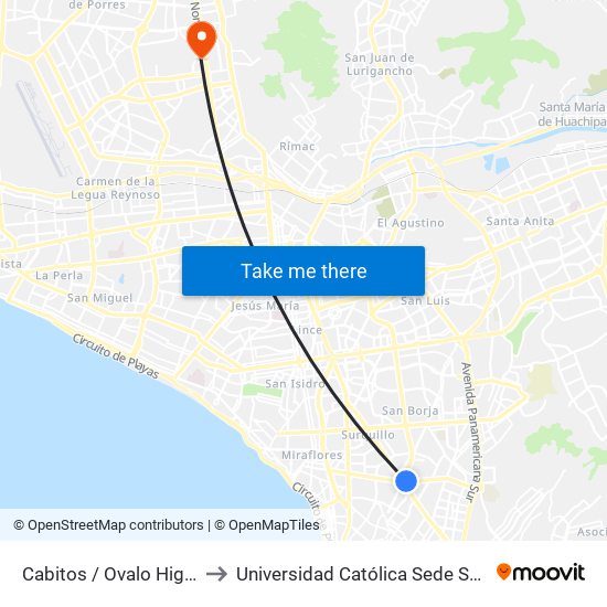 Cabitos / Ovalo Higuereta to Universidad Católica Sede Sapientiae map