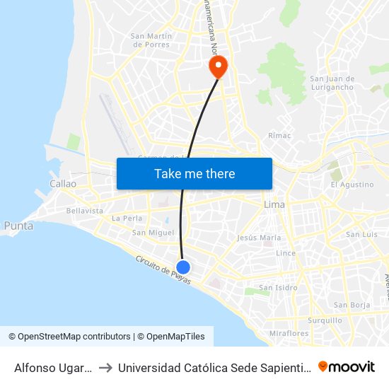 Alfonso Ugarte to Universidad Católica Sede Sapientiae map