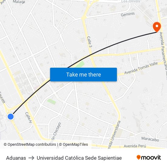 Aduanas to Universidad Católica Sede Sapientiae map