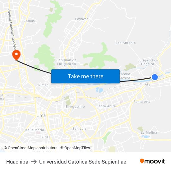 Huachipa to Universidad Católica Sede Sapientiae map
