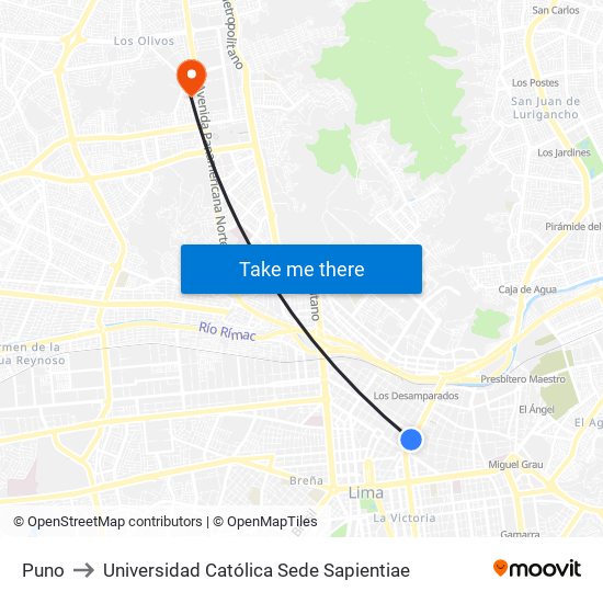 Puno to Universidad Católica Sede Sapientiae map