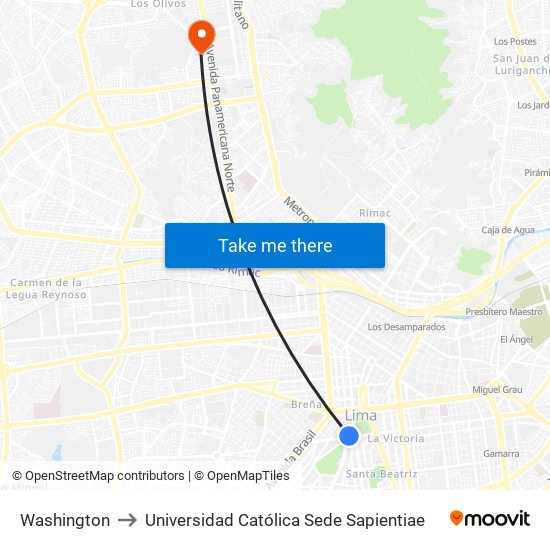 Washington to Universidad Católica Sede Sapientiae map