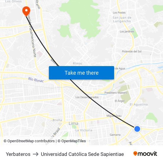 Yerbateros to Universidad Católica Sede Sapientiae map