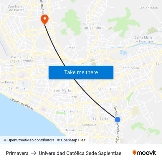 Primavera to Universidad Católica Sede Sapientiae map